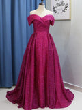 Ball Gown Off-the-Shoulder Sweep/Brush Train Sequins Prom Evening Dresses with Ruffles