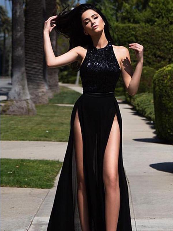A-Line/Princess Jewel Long Tulle Sequin Prom Evening Dresses with Split