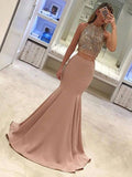Trumpet/Mermaid High Neck Sweep/Brush Train Satin Two Piece Dresses with Beading