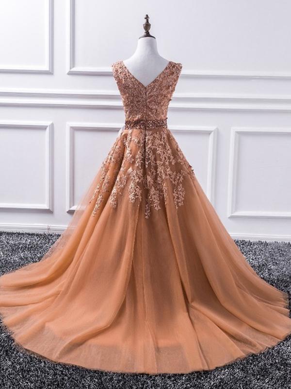 A-Line/Princess V-neck Sweep/Brush Train Tulle Prom Evening Dresses with Applique