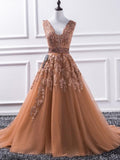 A-Line/Princess V-neck Sweep/Brush Train Tulle Prom Evening Dresses with Applique