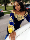 Trumpet/Mermaid Off-the-Shoulder Sweep/Brush Train Velvet Long Sleeves Dresses with Applique