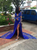 A-Line/Princess V-neck Count Train Satin Applique Long Sleeves Prom Evening Dresses with Split