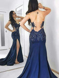 Sheath/Column Sweetheart Sweep/Brush Train Satin Lace Prom Formal Dresses with Split