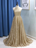 A-Line/Princess Jewel Sweep/Brush Train Sequins Prom Formal Dresses with Ruffles