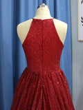 A-Line/Princess Jewel Sweep/Brush Train Sequins Prom Formal Dresses with Ruffles