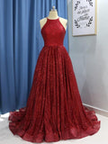 A-Line/Princess Jewel Sweep/Brush Train Sequins Prom Formal Dresses with Ruffles