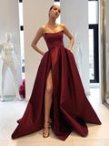Ball Gown Strapless Sweep/Brush Train Satin Ruffles Prom Evening Dresses with Split