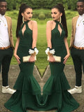 Trumpet/Mermaid Halter Long Elastic Woven Satin Prom Formal Dresses with Ruffles