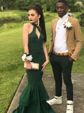 Trumpet/Mermaid Halter Long Elastic Woven Satin Prom Formal Dresses with Ruffles