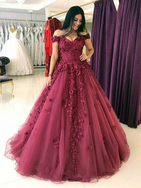 Ball Gown Off-the-Shoulder Sweep/Brush Train Tulle Prom Evening Dresses with Applique