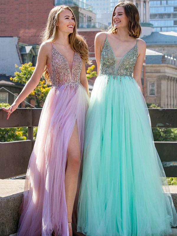 A-Line/Princess V-neck Long Tulle Beading Prom Evening Dresses with Split