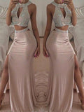 Trumpet/Mermaid Halter Long Chiffon Two Piece Prom Dresses with Beading
