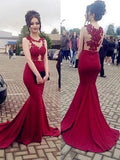 Trumpet/Mermaid Scoop Sweep/Brush Train Satin Prom Evening Dresses with Applique