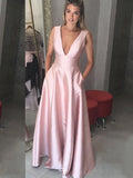 A-Line/Princess V-neck Long Satin Prom Formal Dresses with Ruffles