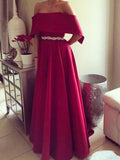 A-Line/Princess Off-the-Shoulder Long Satin Prom Evening Dresses with Sash/Ribbon/Belt