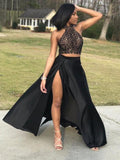 A-Line/Princess Halter Sweep/Brush Train Elastic Woven Satin Two Piece Dresses with Ruffles