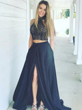 A-Line/Princess Halter Sweep/Brush Train Elastic Woven Satin Two Piece Dresses with Ruffles