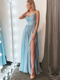 A-Line/Princess Spaghetti Straps Long Satin Lace Prom Formal Dresses with Split