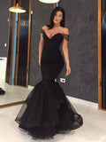 Trumpet/Mermaid Off-the-Shoulder Sweep/Brush Train Tulle Prom Evening Dresses with Ruffles