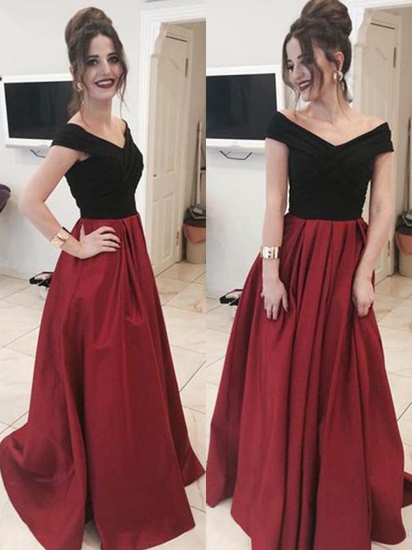 A-Line/Princess Off-the-Shoulder Sweep/Brush Train Satin Prom Evening Dresses with Ruffles