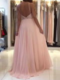 A-Line/Princess Halter Long Tulle Prom Formal Dresses with Beading