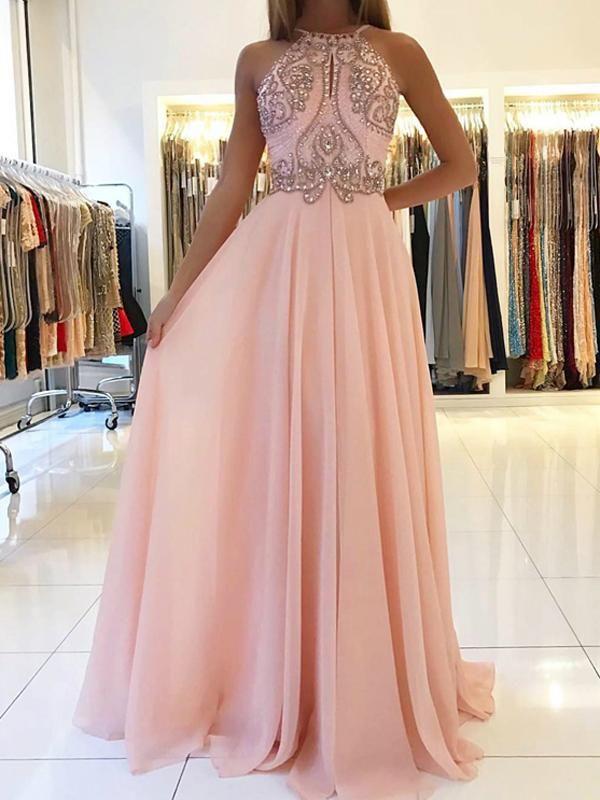 A-Line/Princess Halter Long Tulle Prom Formal Dresses with Beading