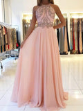 A-Line/Princess Halter Long Tulle Prom Formal Dresses with Beading