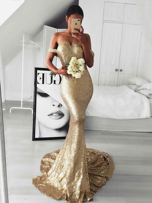 Trumpet/Mermaid Off-the-Shoulder Sweep/Brush Train Sequins Prom Evening Dresses with Ruffles