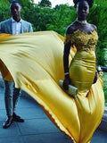 Trumpet/Mermaid Off-the-Shoulder Chapel Train Satin Prom Formal Dresses with Applique