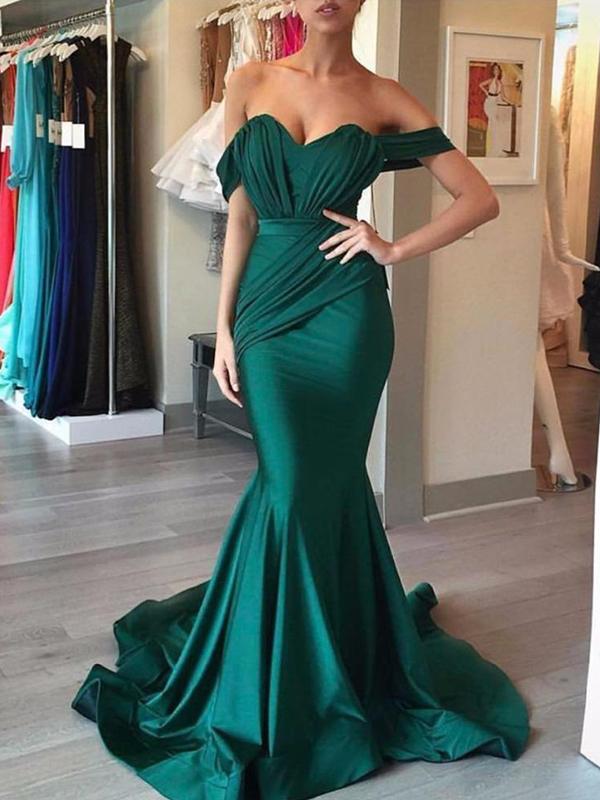 Trumpet/Mermaid Off-the-Shoulder Sweep/Brush Train Satin Prom Evening Dresses with Ruffles