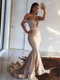 Trumpet/Mermaid Off-the-Shoulder Sweep/Brush Train Satin Prom Evening Dresses with Ruffles