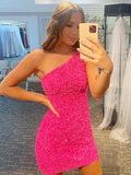 Fushcia Sheath/Column One-Shoulder Sleeveless Sequins Short Dresses