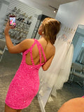 Fushcia Sheath/Column One-Shoulder Sleeveless Sequins Short Dresses