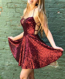 A-Line Sequins Spaghetti Straps Sleeveless Short Homecoming Dresses