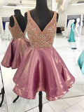 A-Line/Princess V-neck Satin Sleeveless Short/Mini Homecoming Dresses with Beading