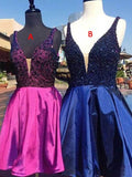 A-Line/Princess V-neck Satin Sleeveless Short/Mini Homecoming Dresses with Beading