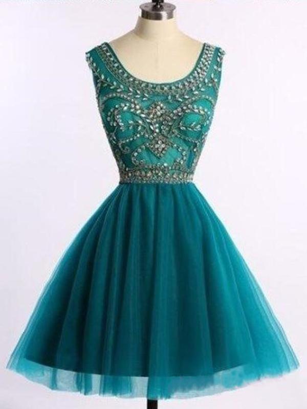 A-Line/Princess Scoop Tulle Sleeveless Short/Mini Homecoming Dresses with Beading