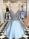 A-Line/Princess Spaghetti Straps Satin Sleeveless Short/Mini Homecoming Dresses with Beading