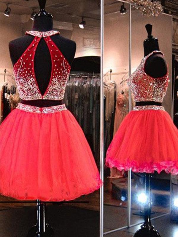 A-Line/Princess Halter Tulle Sleeveless Short/Mini Two Piece Homecoming Dresses with Beading