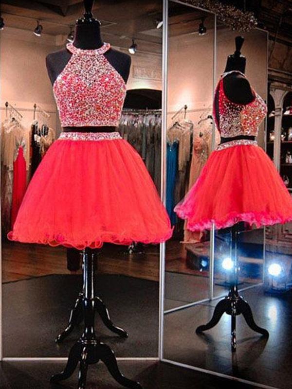 A-Line/Princess Halter Tulle Sleeveless Short/Mini Two Piece Homecoming Dresses with Beading