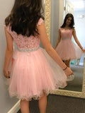 A-Line/Princess Bateau Tulle Sleeveless Short/Mini Homecoming Dresses with Applique