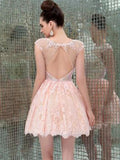 A-Line/Princess Scoop Lace Sleeveless Short/Mini Backless Dresses with Beading