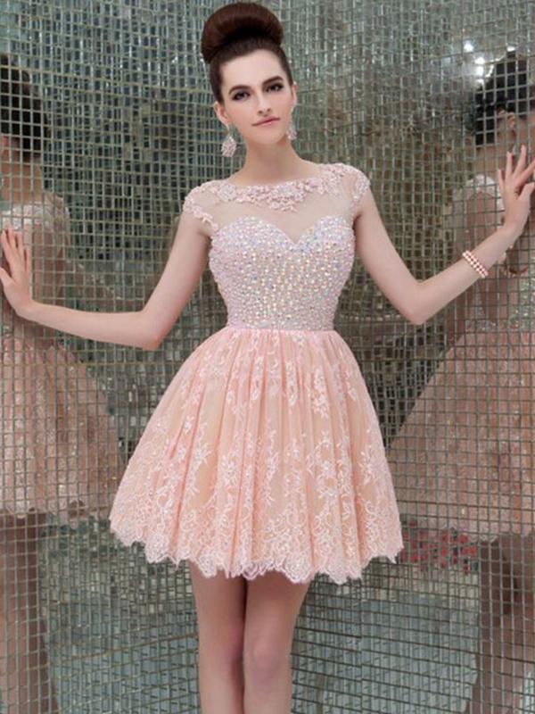 A-Line/Princess Scoop Lace Sleeveless Short/Mini Backless Dresses with Beading
