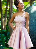 A-Line/Princess One-Shoulder Satin Sleeveless Short/Mini Dresses with Applique