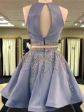 A-Line/Princess Bateau Satin Sleeveless Short/Mini Two Piece Homecoming Dresses with Beading