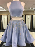 A-Line/Princess Bateau Satin Sleeveless Short/Mini Two Piece Homecoming Dresses with Beading