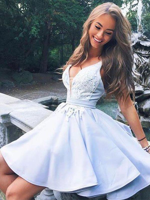 A-Line/Princess V-neck Satin Sleeveless Short/Mini Homecoming Dresses Dessiny A-Line/Princess V-neck Satin Sleeveless Short/Mini Homecoming Dresses Dessiny