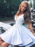 A-Line/Princess V-neck Satin Sleeveless Short/Mini Homecoming Dresses with Applique