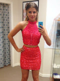 Sheath/Column Halter Sequin Sleeveless Short/Mini Homecoming Dresses with Beading